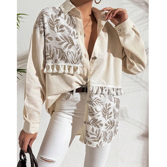 Solid Tropical leaves Print Button Down Loose Fit Shirt - Picture 1 of 6